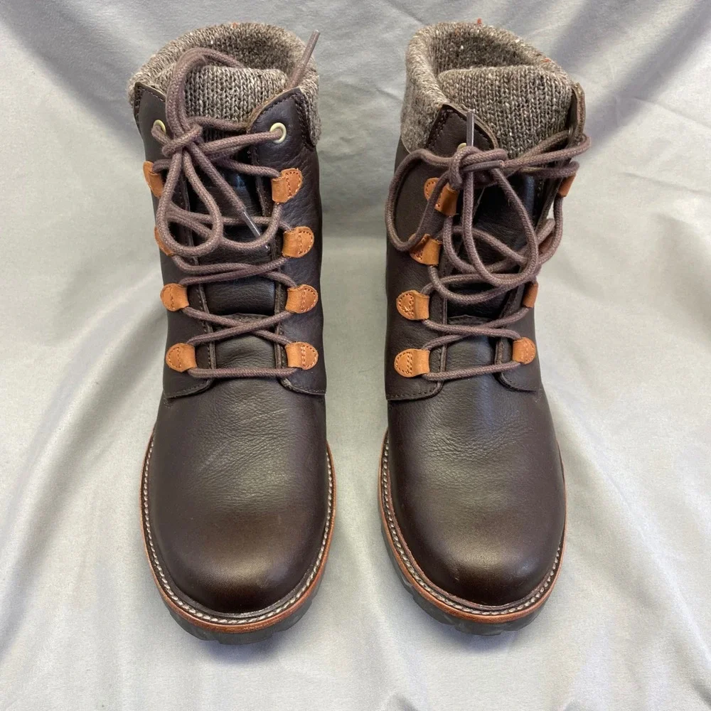 LL Bean Stonington Boots Women 8.5 Dark Brown Leather Sweater Fleece Knit TEK2.5